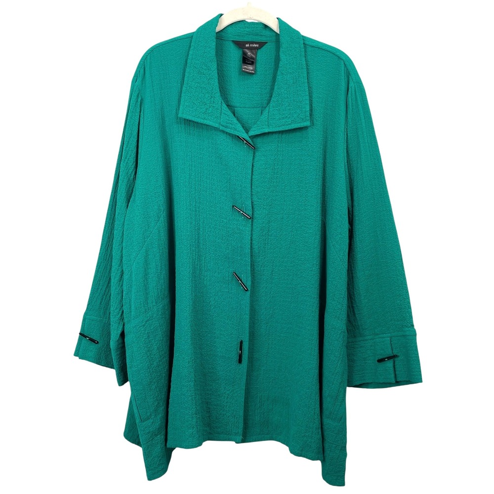 Ali Miles textured button up shirt blouse Size 2X green artsy boho lagenlook - Picture 1 of 8